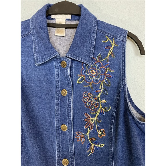 Draper and Damons Denim Vest Blue Embroidered Floral‎ Y2K Women's Petite Med - Picture 1 of 6